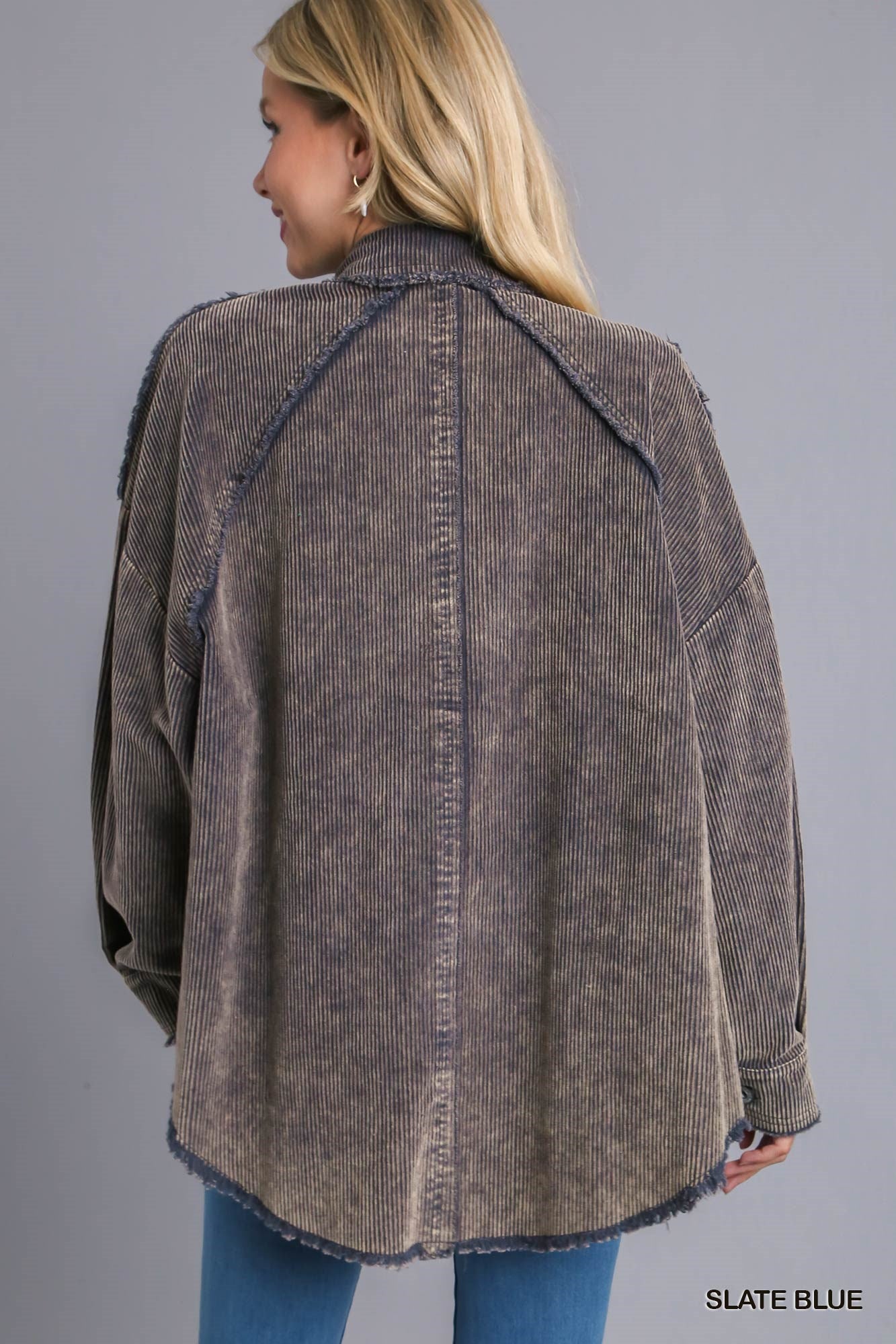 Umgee Stone Wash Chest Pocket Collar Button Down Hem Jacket - Roulhac Fashion Boutique