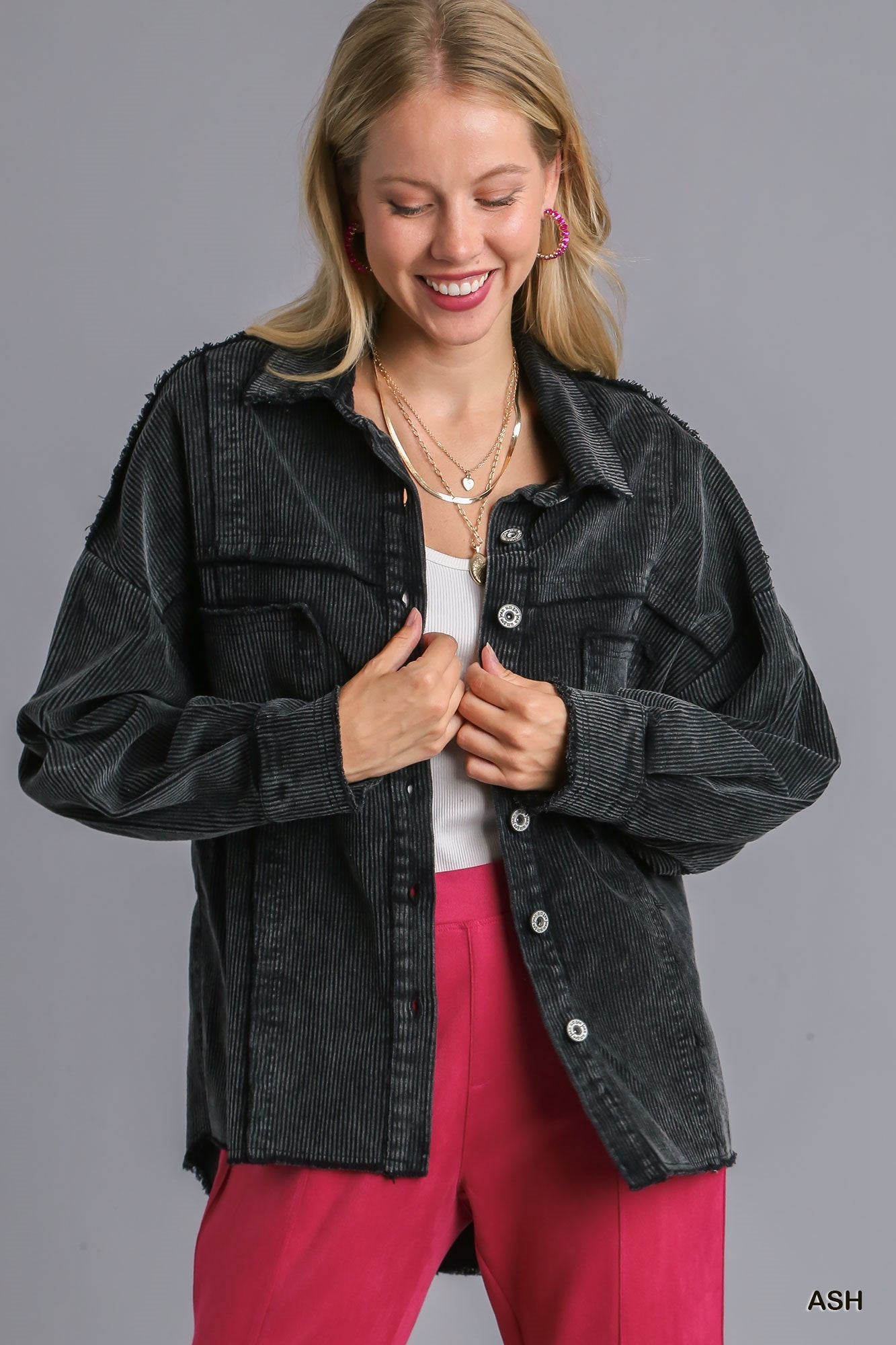 Umgee Stone Wash Chest Pocket Collar Button Down Hem Jacket - Roulhac Fashion Boutique