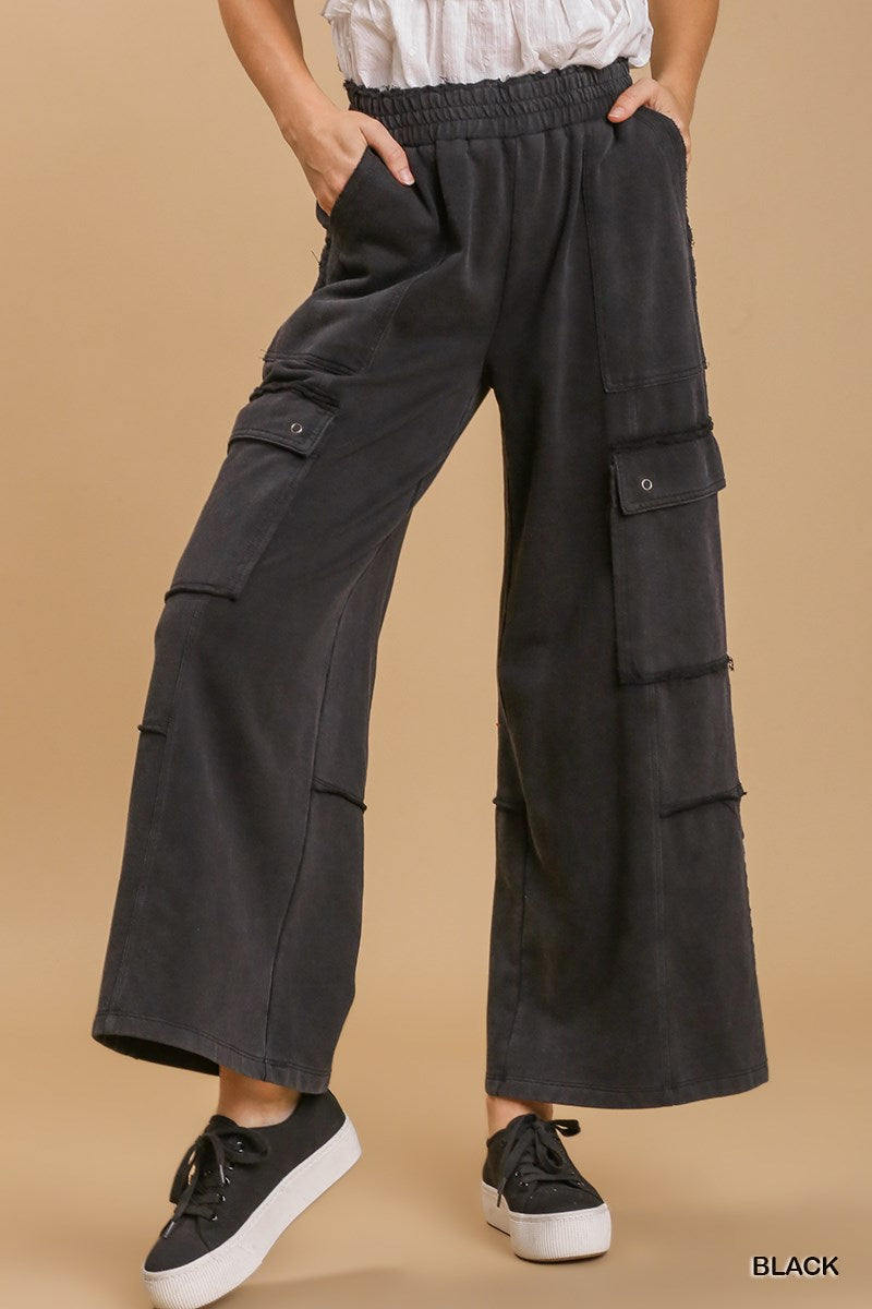 Umgee Elastic Waist Stone Wash Wide Leg Side Pockets Pants