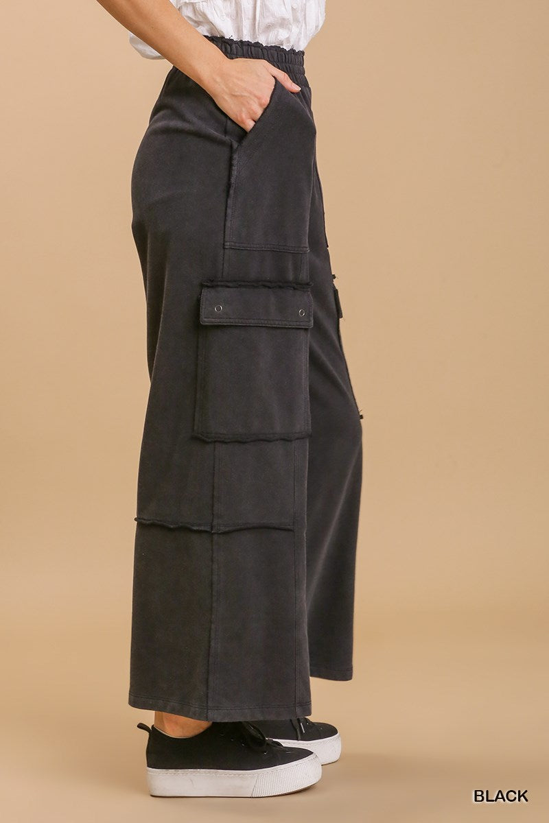 Umgee Elastic Waist Stone Wash Wide Leg Side Pockets Pants
