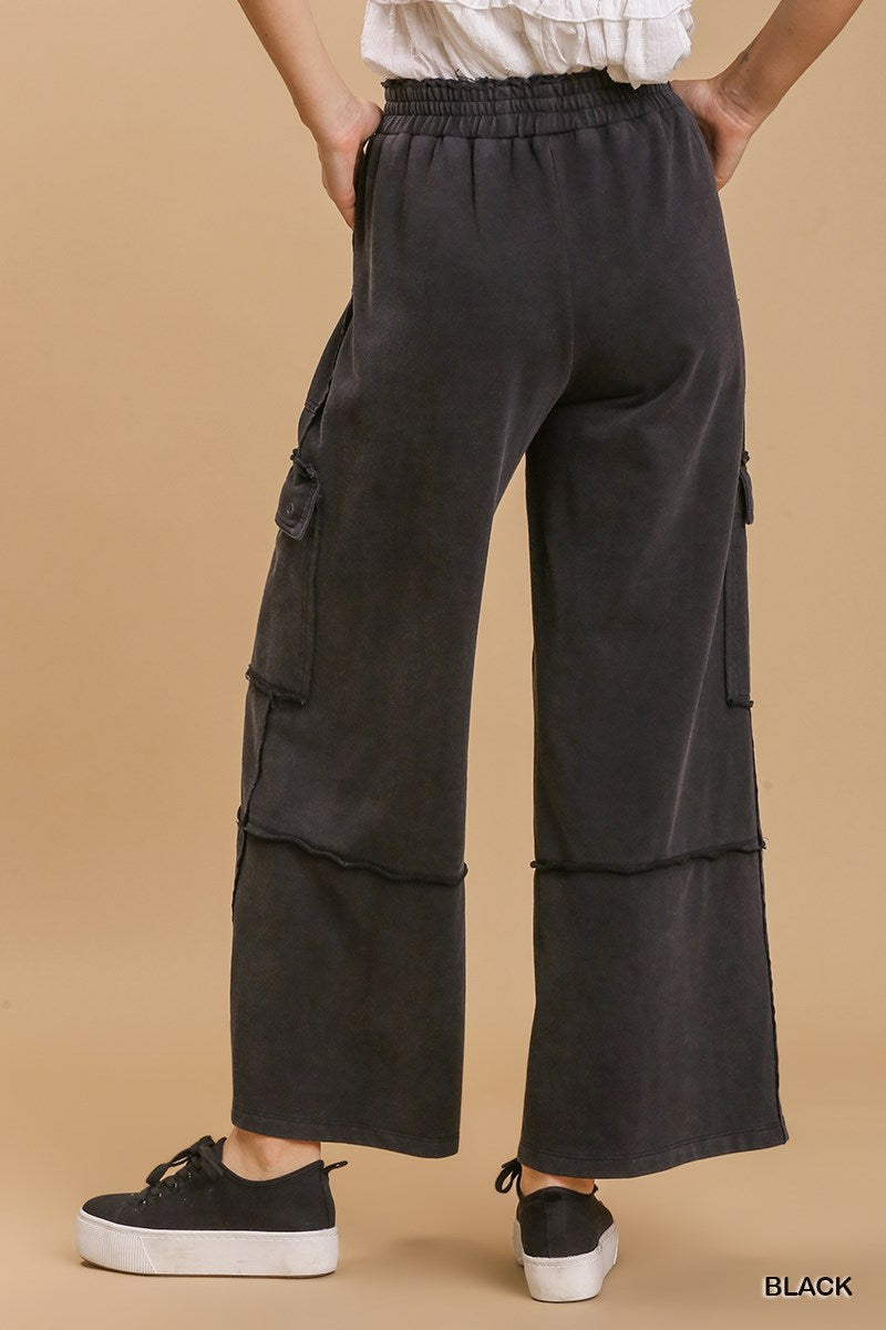 Umgee Elastic Waist Stone Wash Wide Leg Side Pockets Pants