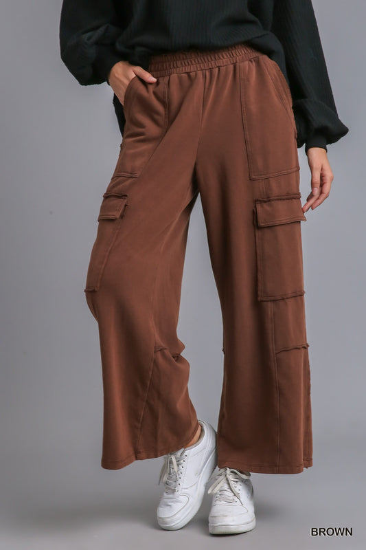 Umgee Elastic Waist Stone Wash Wide Leg Side Pockets Pants