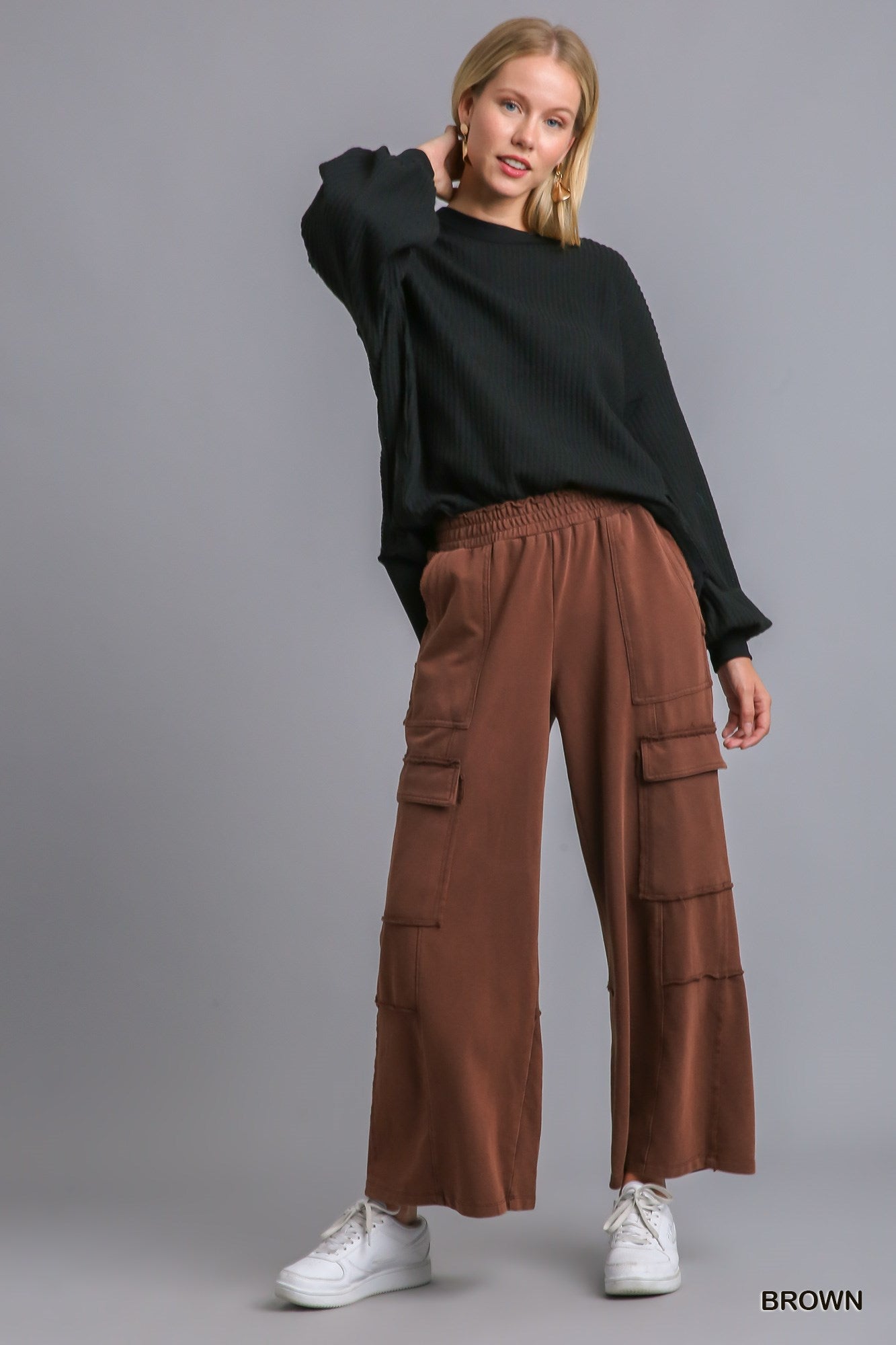 Umgee Elastic Waist Stone Wash Wide Leg Side Pockets Pants
