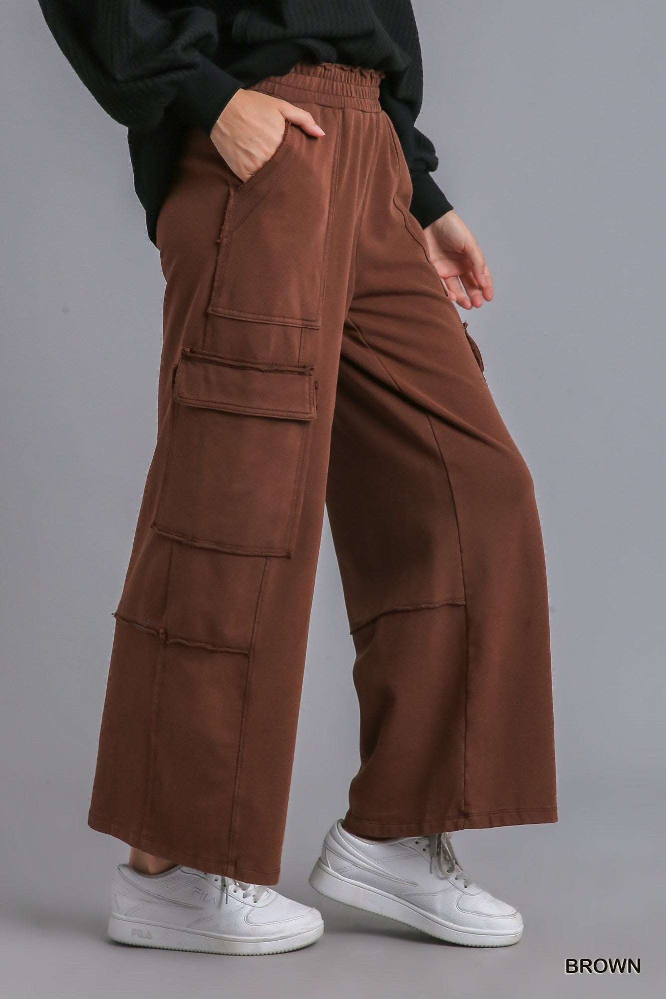 Umgee Elastic Waist Stone Wash Wide Leg Side Pockets Pants
