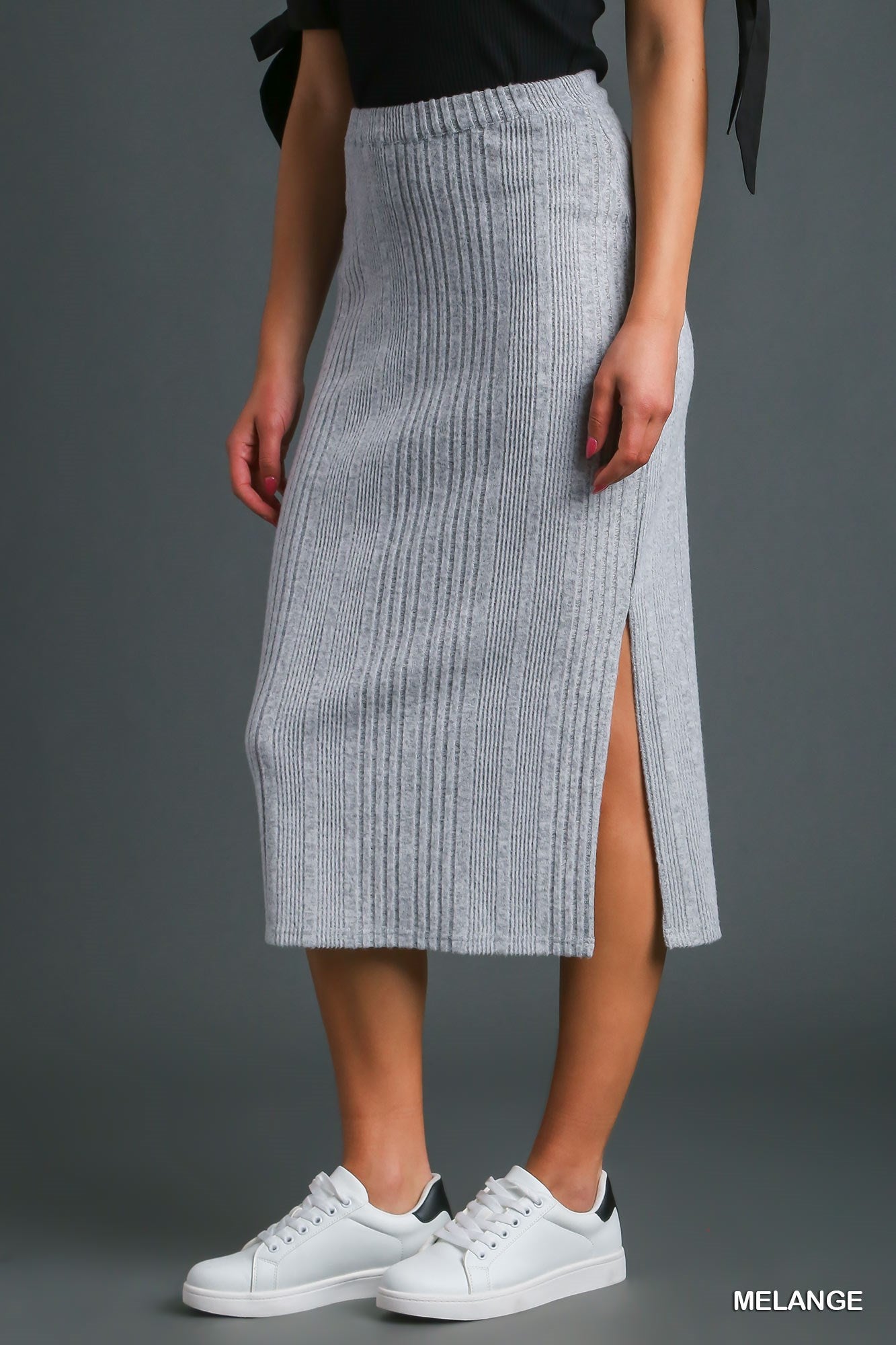 Umgee Ribbed Knit Elastic Waistband Side Slit Midi Skirt