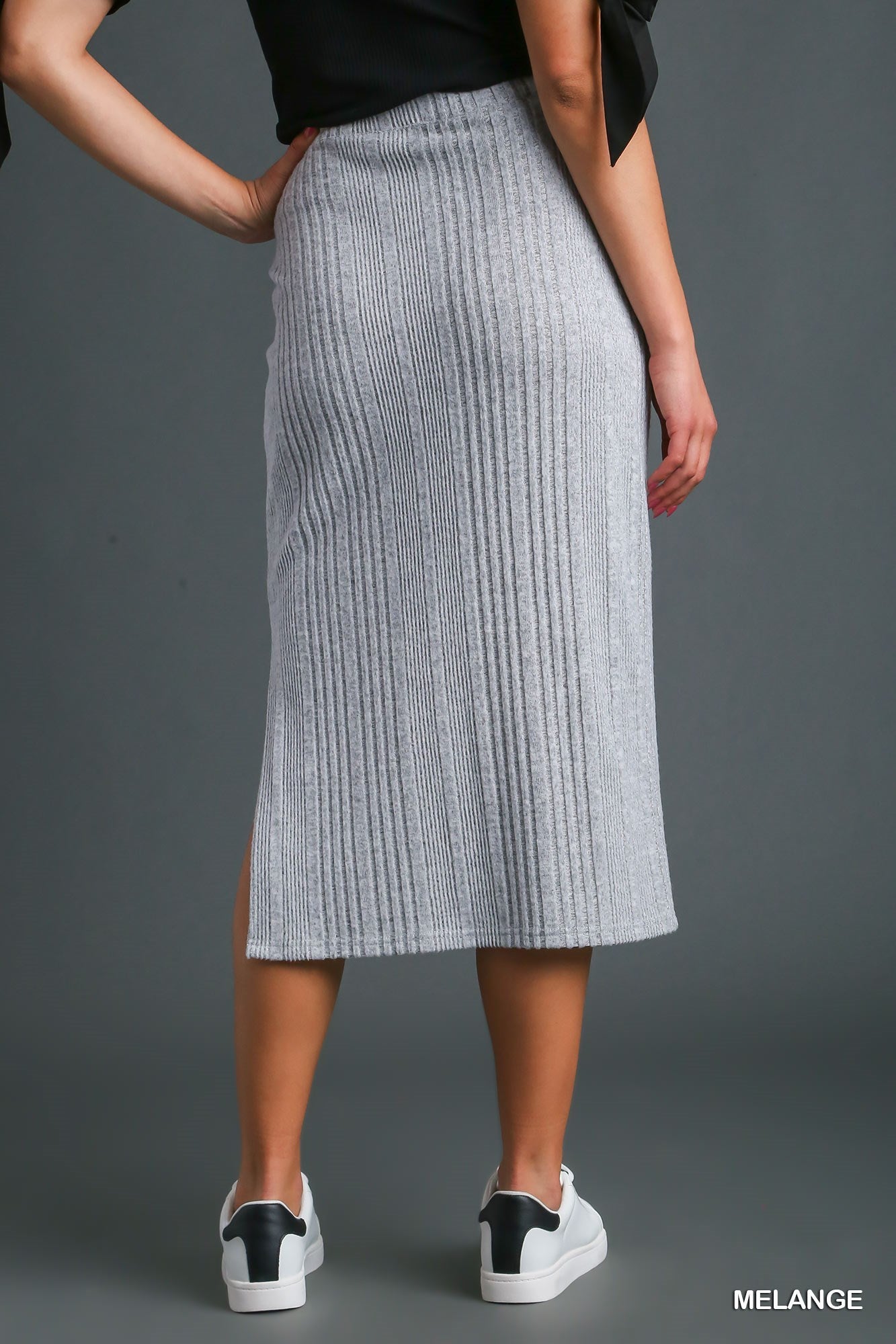 Umgee Ribbed Knit Elastic Waistband Side Slit Midi Skirt