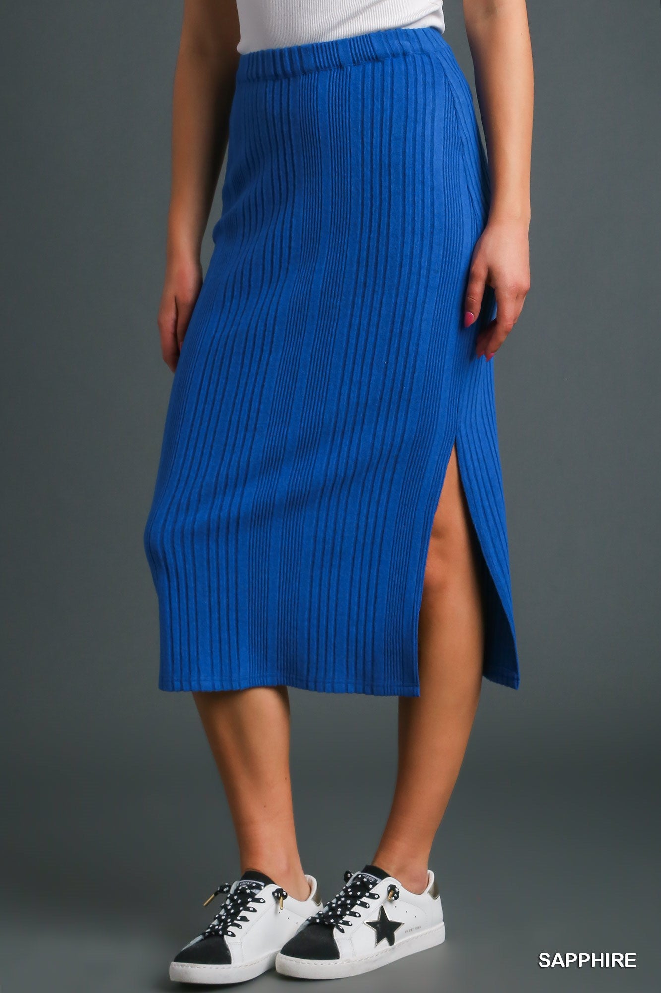 Umgee Ribbed Knit Elastic Waistband Side Slit Midi Skirt