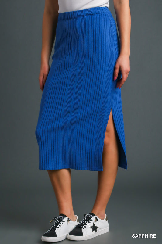 Umgee Ribbed Knit Elastic Waistband Side Slit Midi Skirt