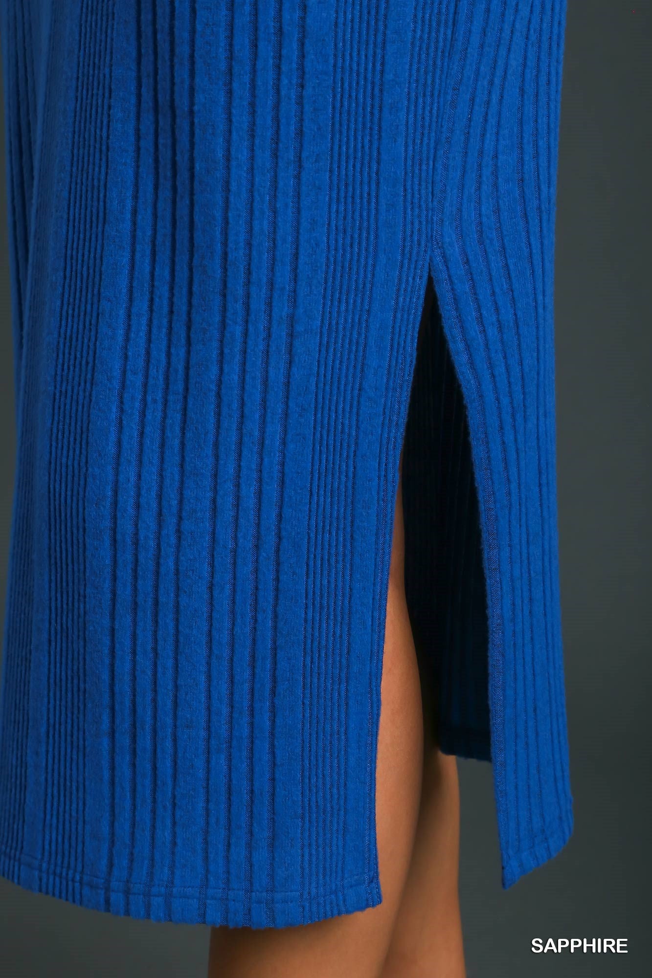 Umgee Ribbed Knit Elastic Waistband Side Slit Midi Skirt