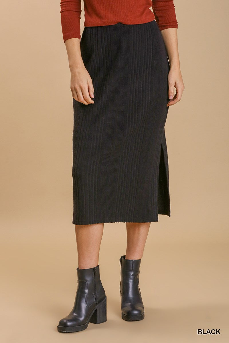 Umgee Ribbed Knit Elastic Waistband Side Slit Midi Skirt