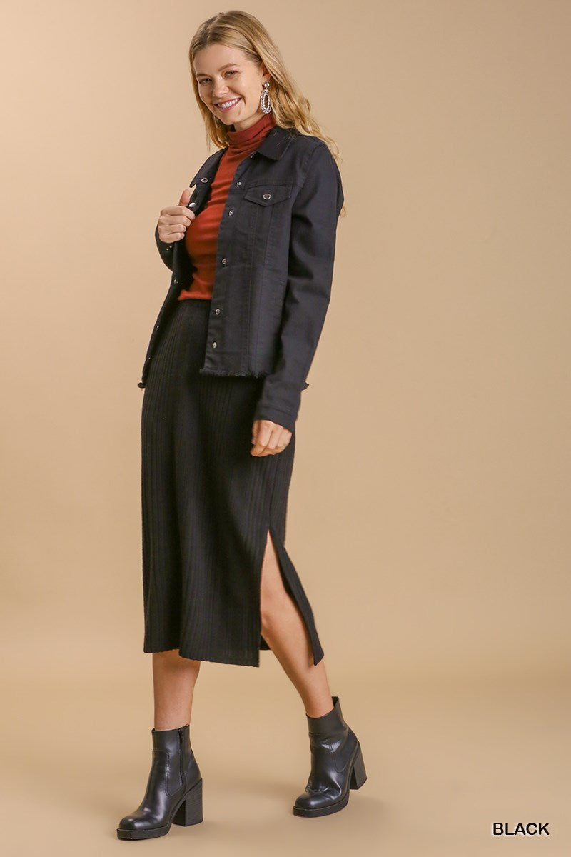 Umgee Ribbed Knit Elastic Waistband Side Slit Midi Skirt