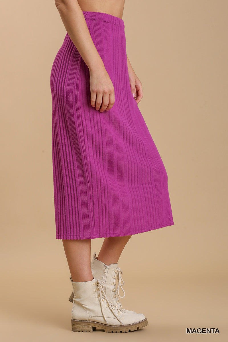 Umgee Ribbed Knit Elastic Waistband Side Slit Midi Skirt