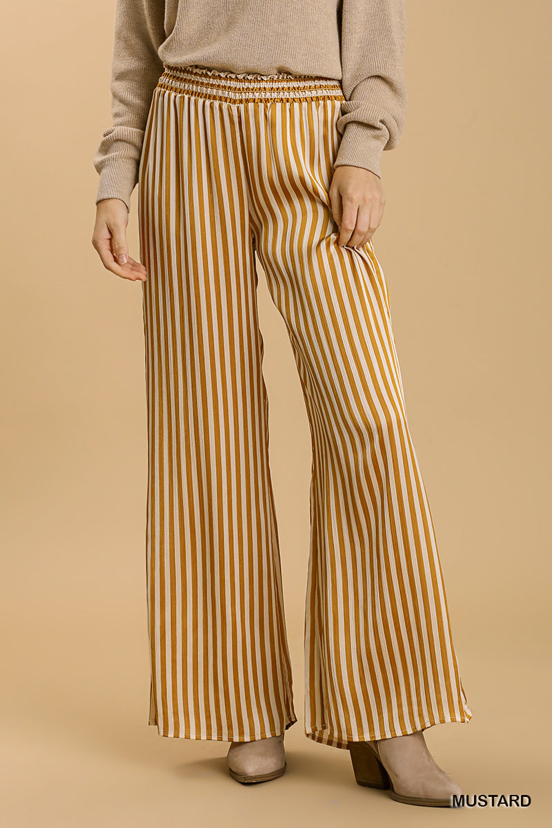 Umgee Striped Wide Leg Elastic Waist No Lining Pants