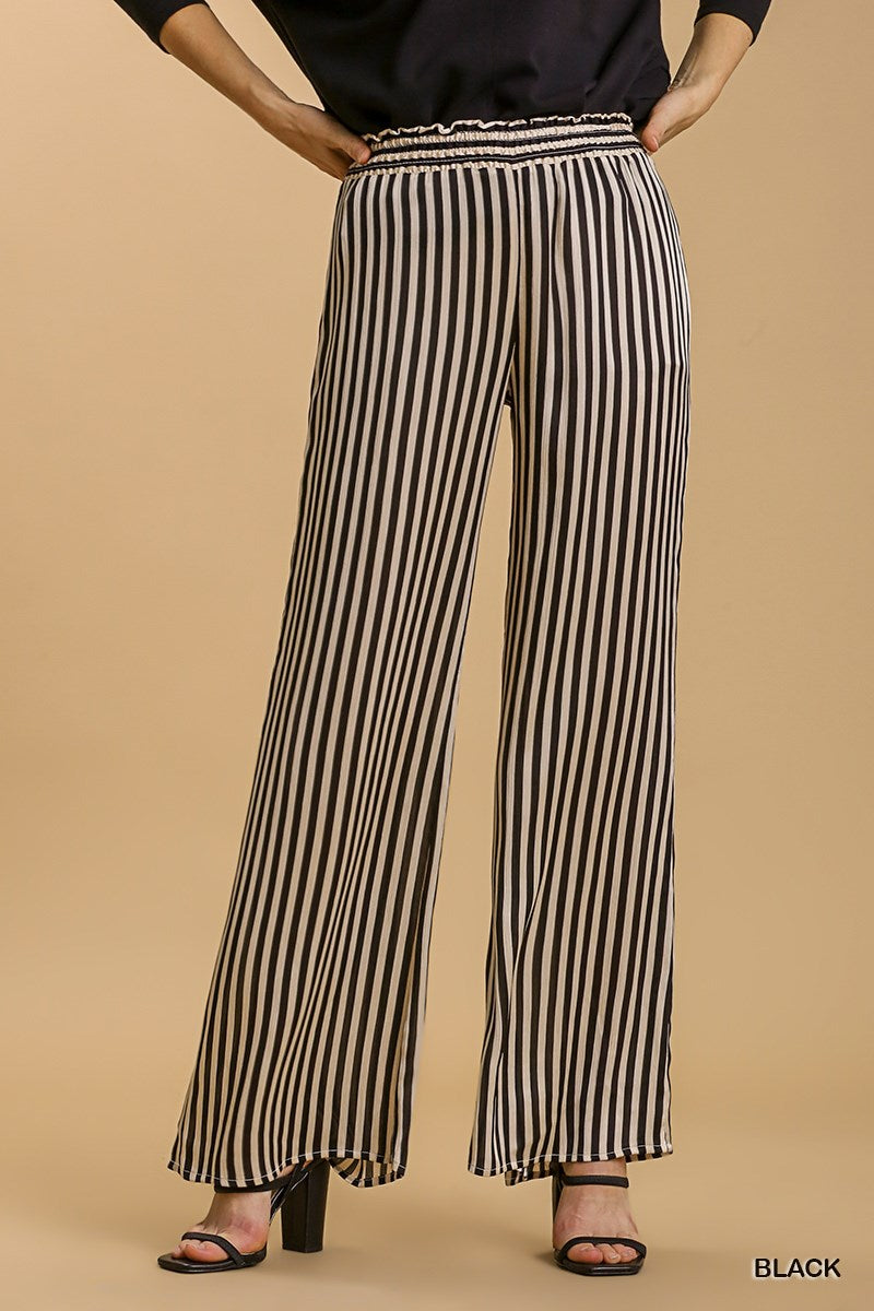 Umgee Striped Wide Leg Elastic Waist No Lining Pants
