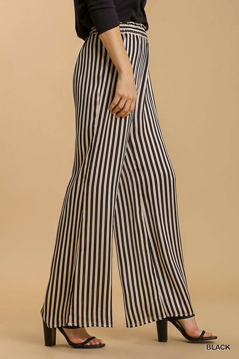 Umgee Striped Wide Leg Elastic Waist No Lining Pants