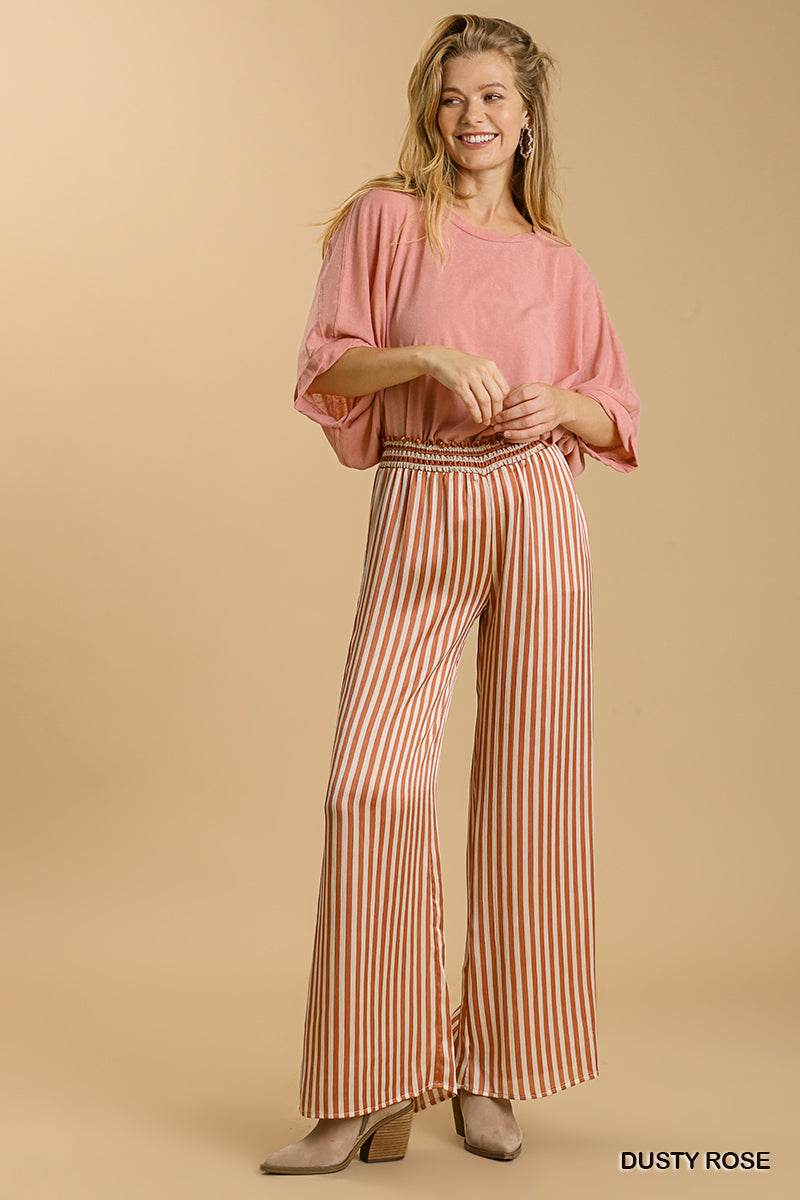 Umgee Striped Wide Leg Elastic Waist No Lining Pants