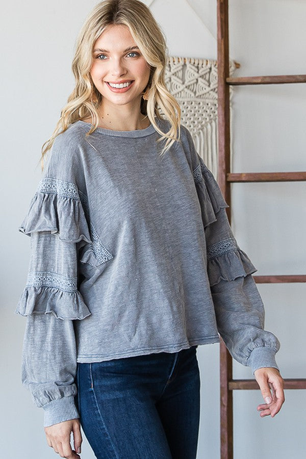 Oli & Hali Mineral Washed Ruffle Crochet Sleeves Top