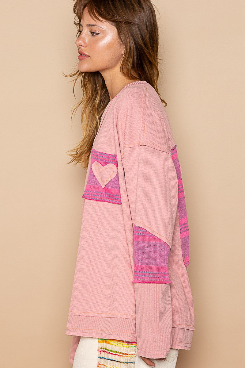 POL Front Back Heart Patch Round Neck Long Sleeve Top