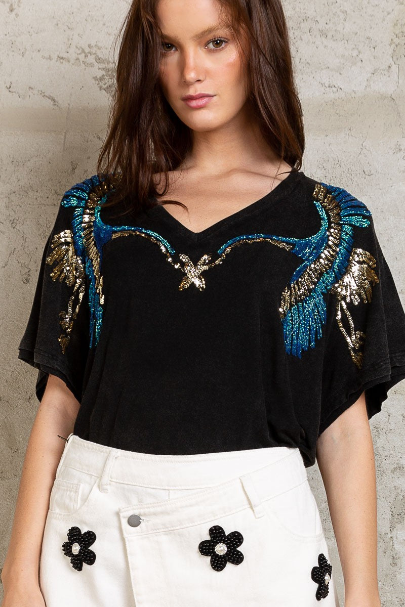 POL Embroidered Sequin And Beads Detail Short Length Sleeve VNeck Top - Roulhac Fashion Boutique