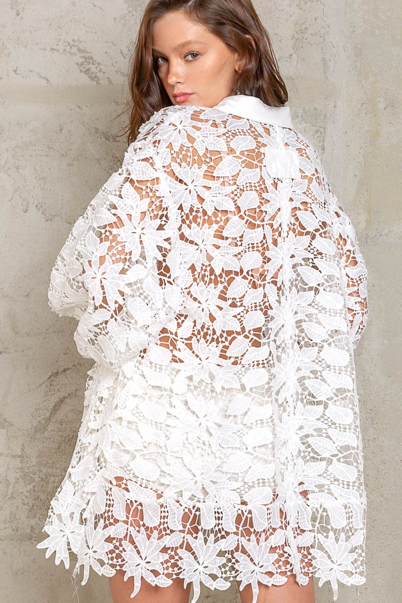 POL Lace Crochet Balloon Sleeve Button Down Shirt Top