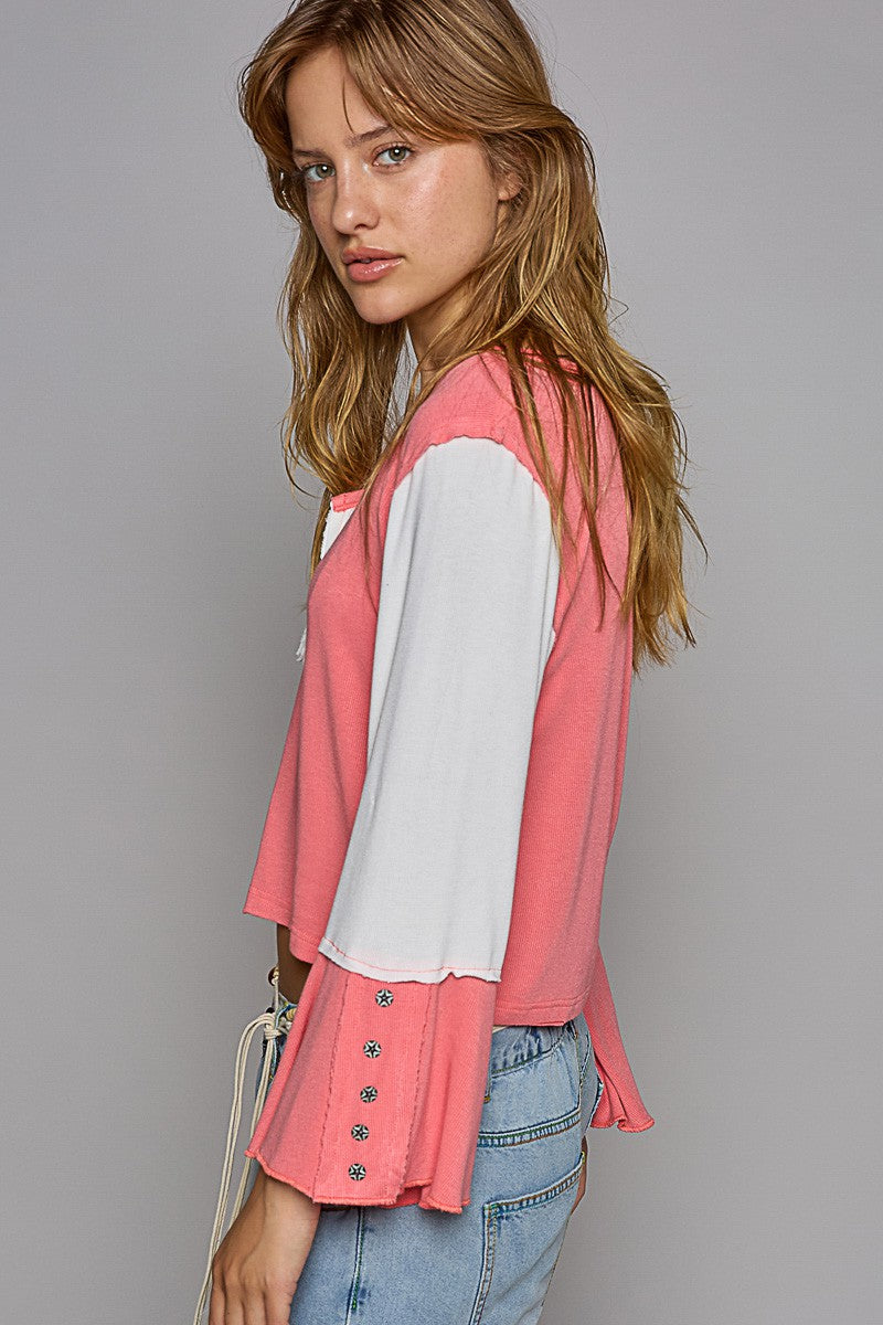 POL Vintage Washed Button Placket Edge Cut Knit Top