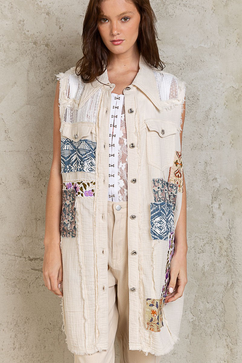 POL Sleeveless Button Down Patch Gauze Frayed Edge Dress Top Jacket