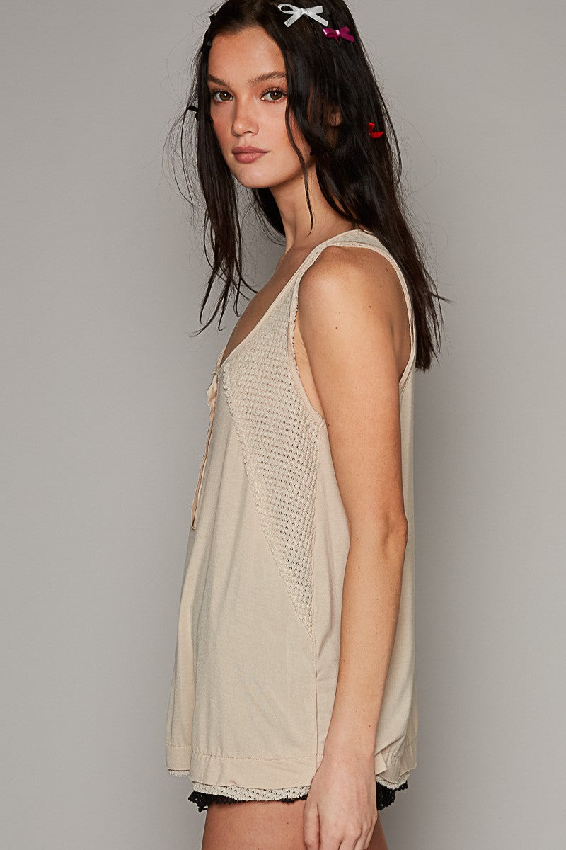 POL Round Neck Sleeveless Thermal Contrast Knit Top