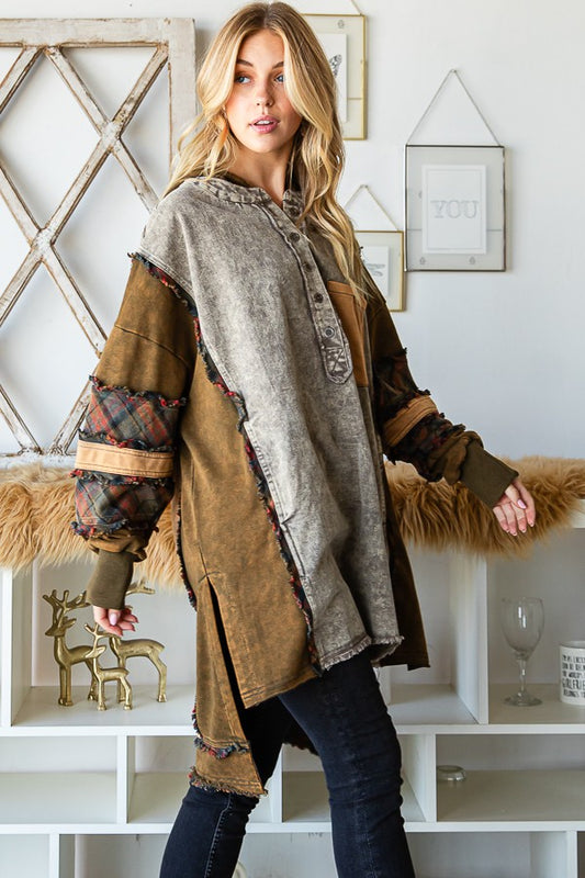 Oli & Hali Washed Fabric Mixed Oversized With Hoodie Top