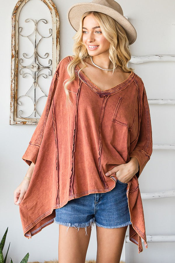 Oli & Hali V Neck Oversized Mineral Washing Top