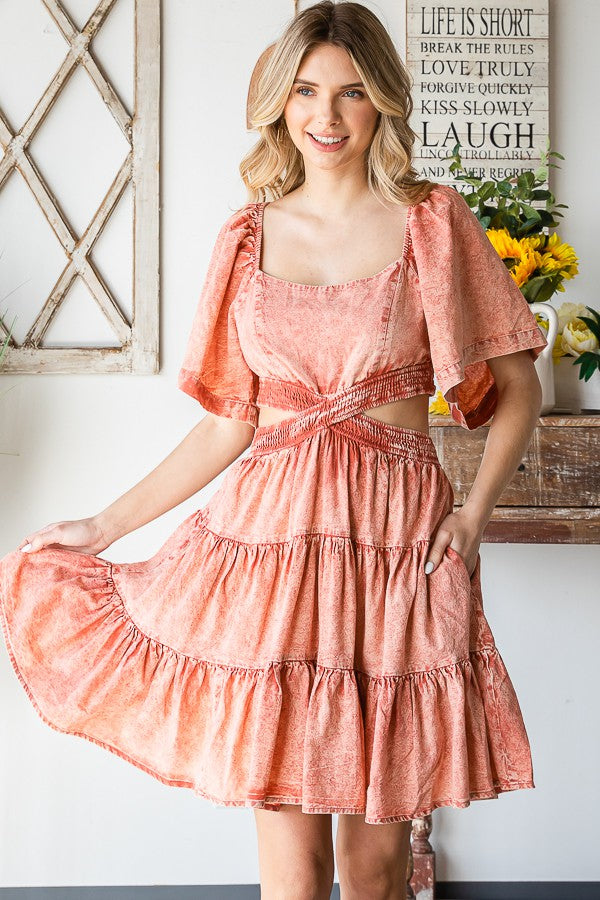 Oli & Hali Washed Cross Cut Out Tiered Mini Dress