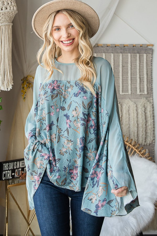 Oli & Hali Floral Print Solid Contrast Bell Sleeves Detail Fl Top
