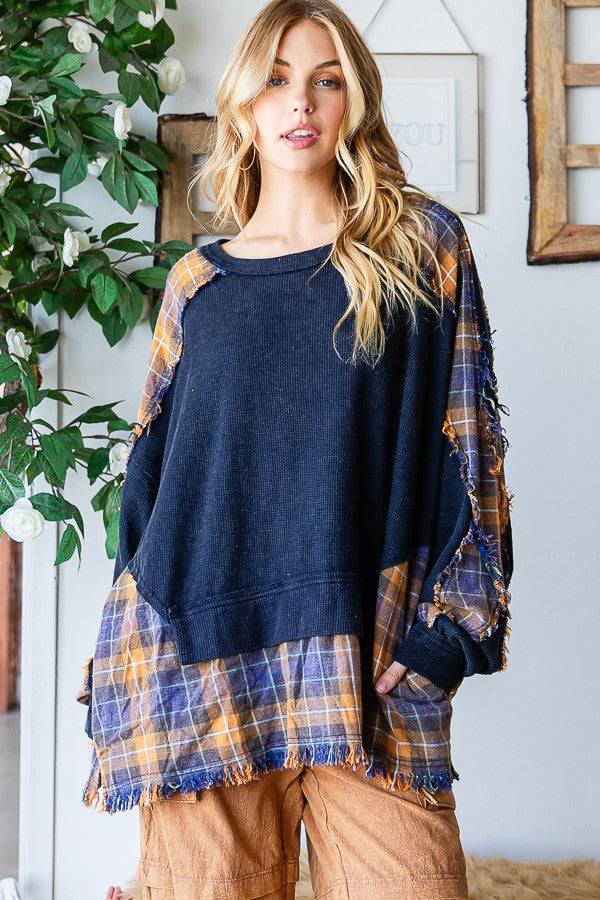Oli & Hali Washed Long Sleeve Plaid Detail Top