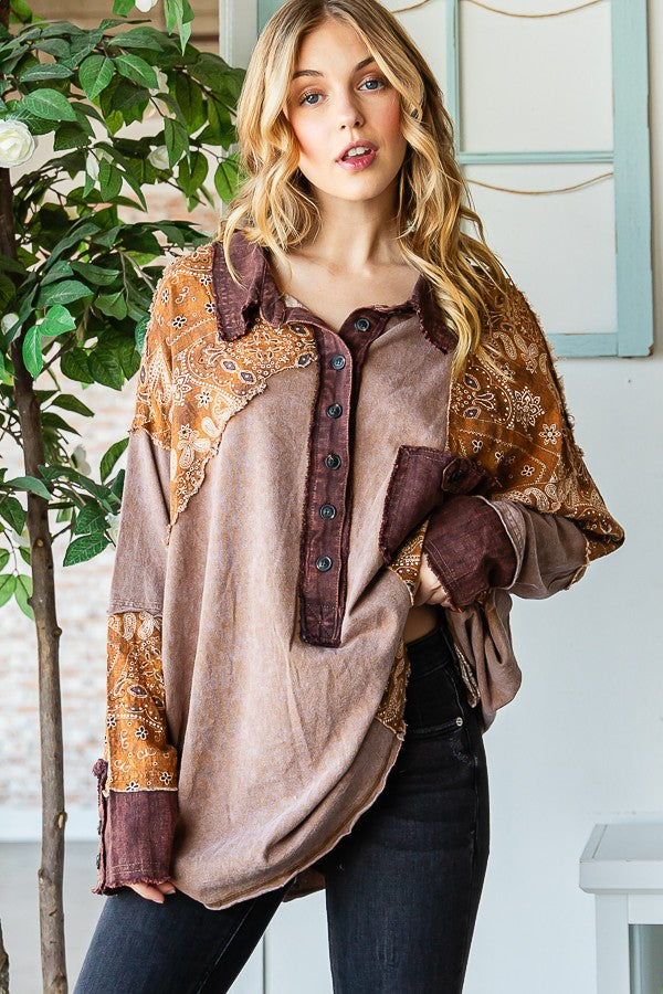 Oli & Hali Washed Fabric Mixed Long Sleeve Top