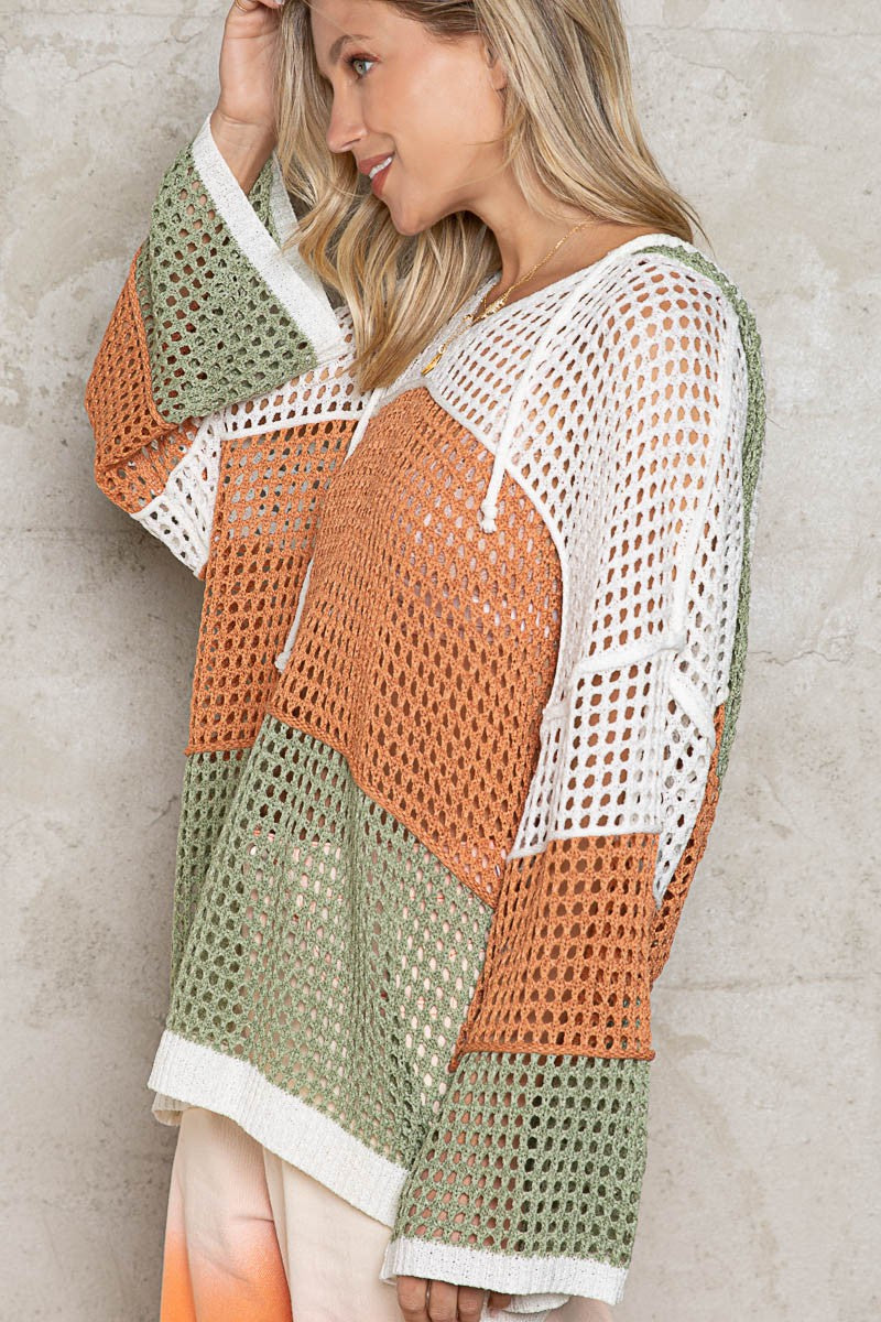POL Color Block Oversize Open Knit Dumpy Hood Sweater Top