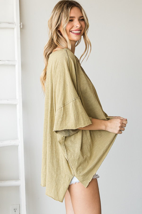 Oli & Hali Mineral Washed V Neck Boxy Raw Hem Tee Top