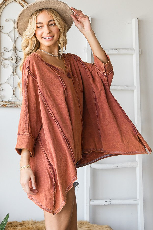 Oli & Hali V Neck Oversized Mineral Washing Top