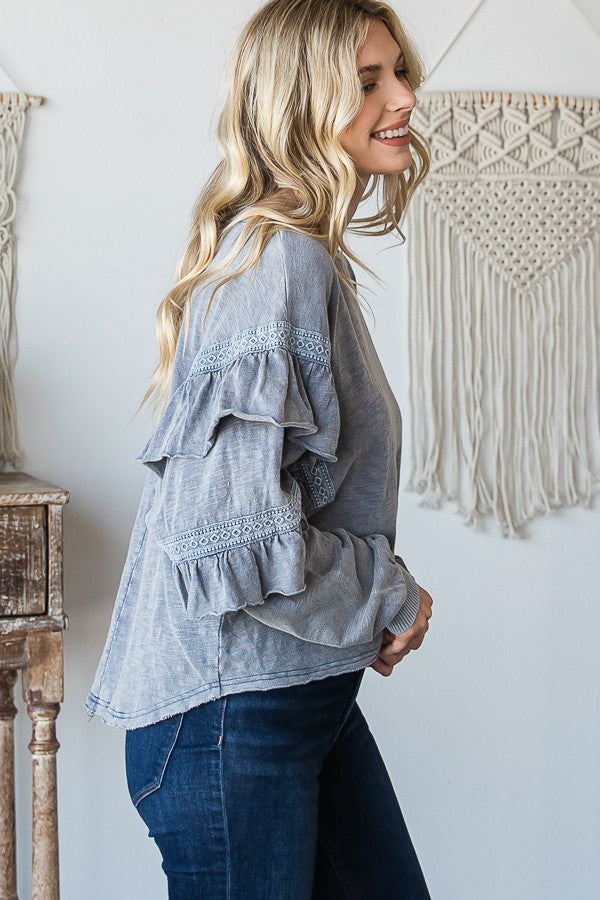Oli & Hali Mineral Washed Ruffle Crochet Sleeves Top