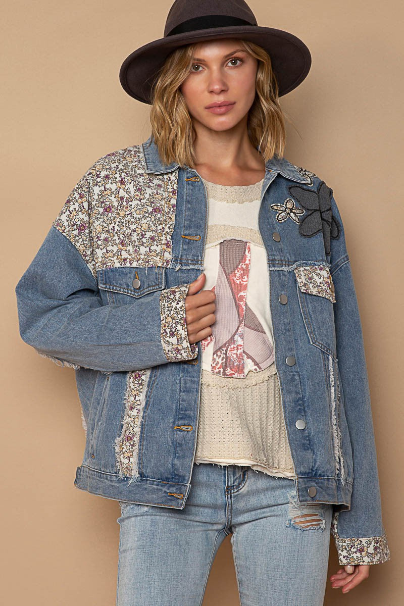 POL Lace Floral Patch Work Button Down Collared Denim Jacket