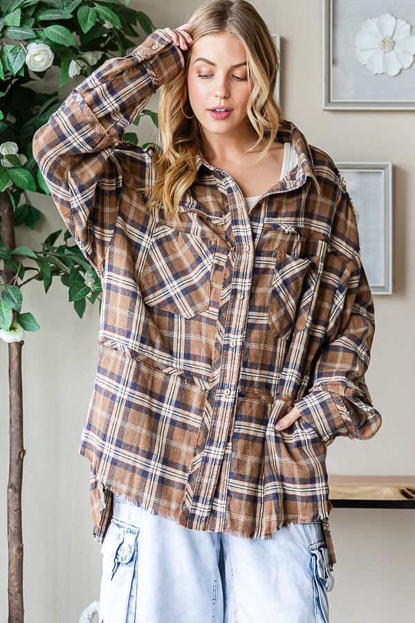 Oli & Hali Mineral Washed Plaid Shirts Top