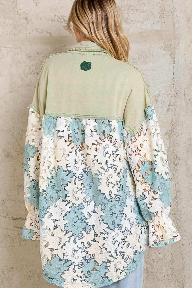 POL Contrast Lace Crochet Pattern Button Down Shacket Jacket