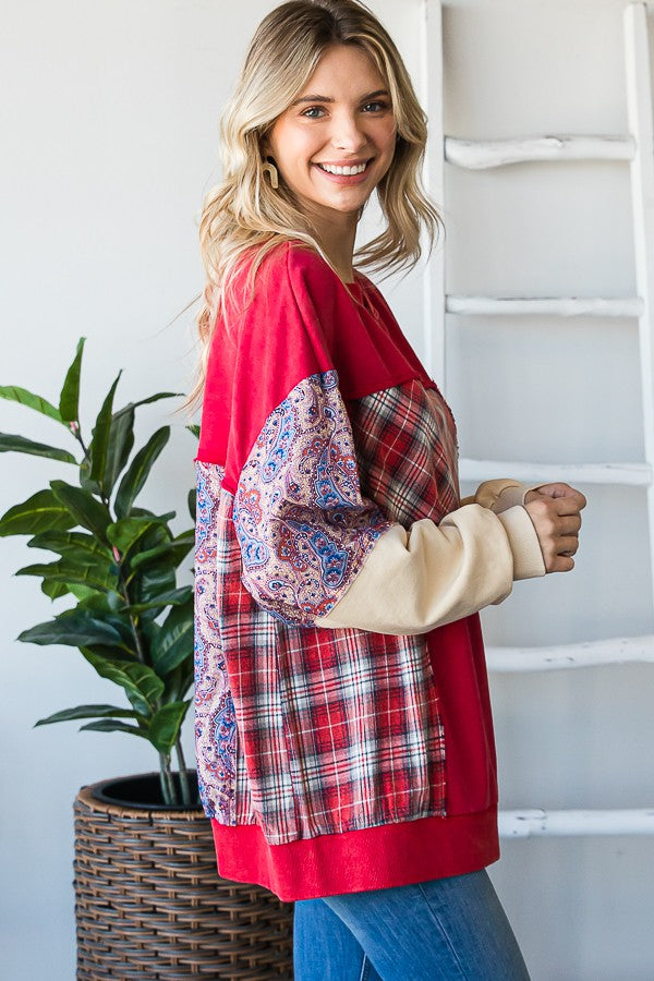 Oli & Hali Mineral Washed Fabric Mixed Pullover Top