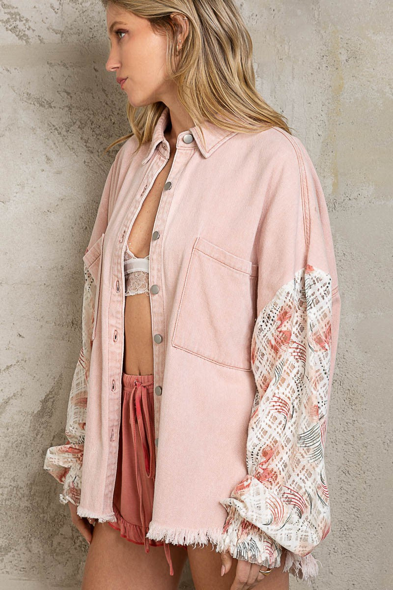 POL Oversize Printed Contrast Lace Sleeve Smock Button Down Shacket - Roulhac Fashion Boutique