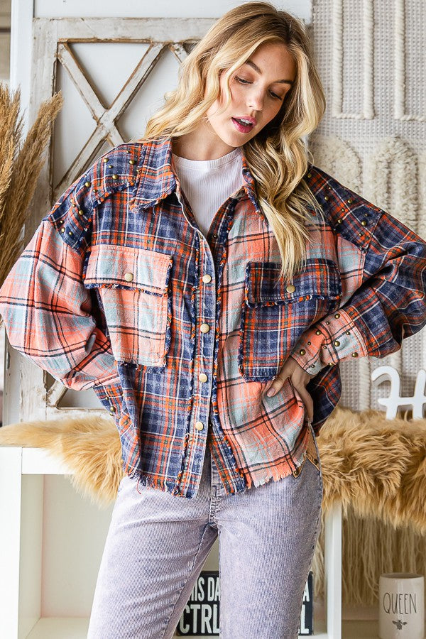 Oli & Hali Daisy Trimmed Washed Plaid Mixed Shirt Top