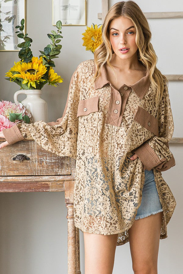 Oli & Hali Washed Lace Waffle Mixed Shirts Top