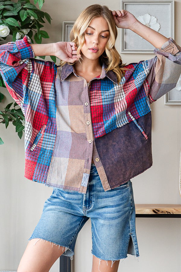 Oli & Hali Washed Plaid Mix Shirt Top