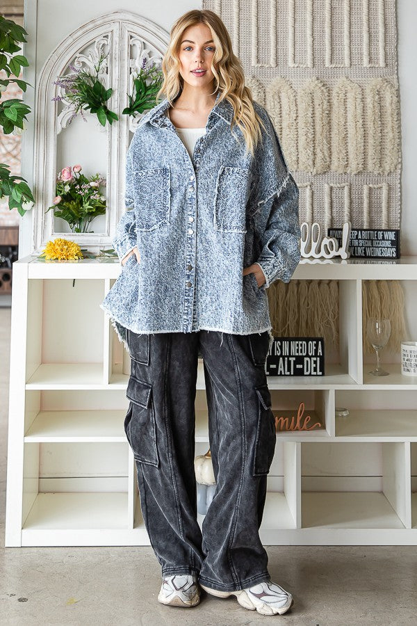 Oli & Hali Texture Denim Washed Oversize Shirts Jacket