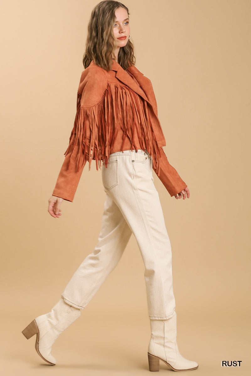 Umgee Faux Suede Open Front Fringe Detail Jacket