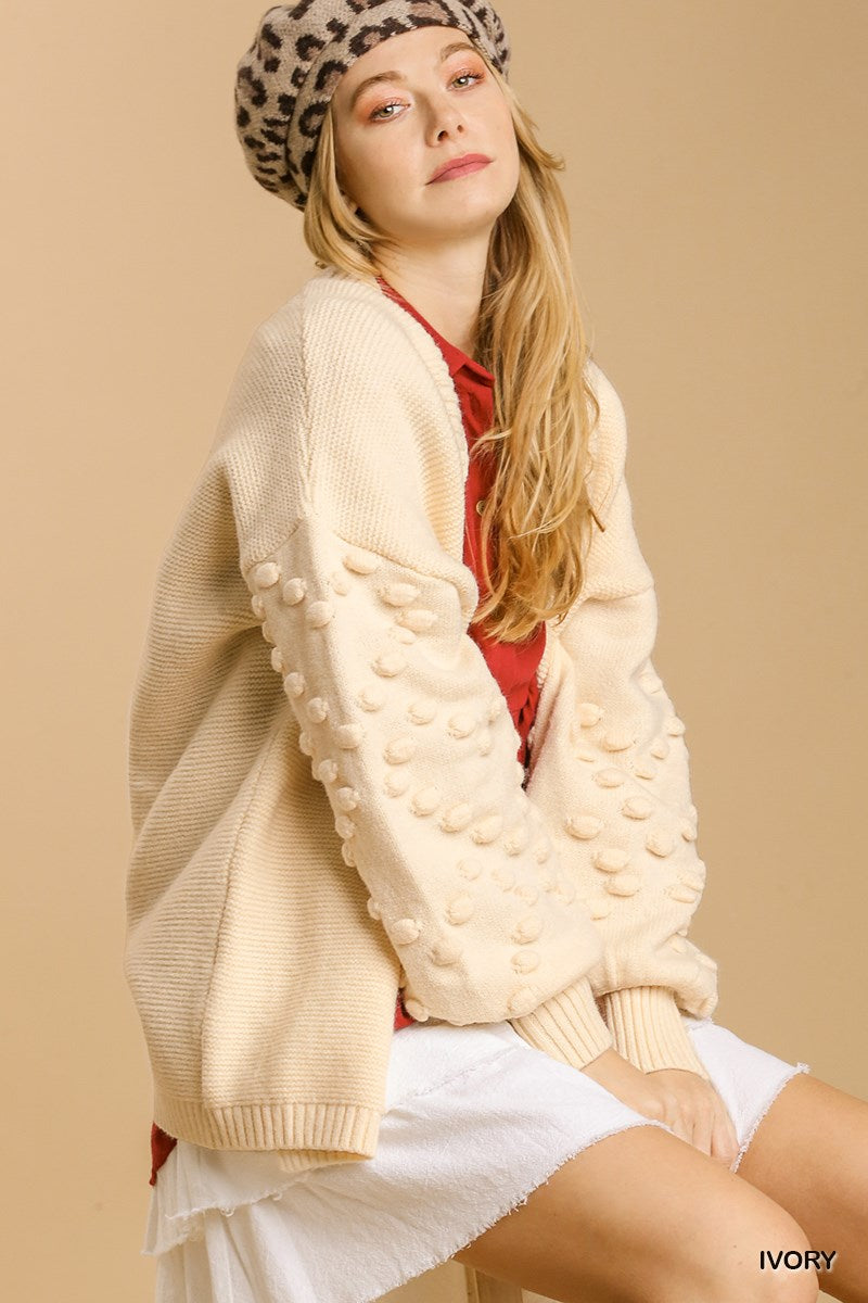 Umgee Open Front Pom Pom Details On Sleeves Cardigan Sweater - Roulhac Fashion Boutique