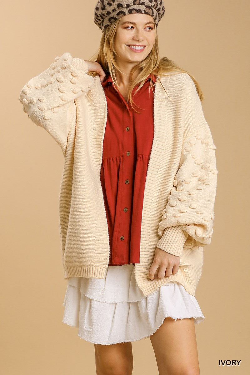 Umgee Open Front Pom Pom Details On Sleeves Cardigan Sweater - Roulhac Fashion Boutique