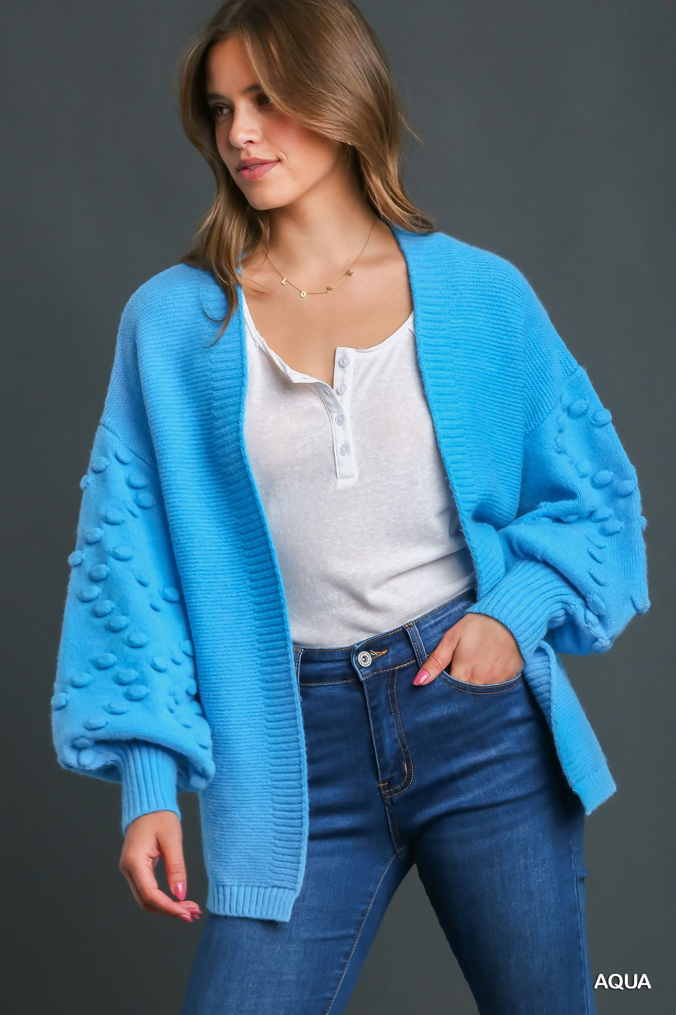 Umgee Open Front Pom Pom Details On Sleeves Cardigan Sweater - Roulhac Fashion Boutique